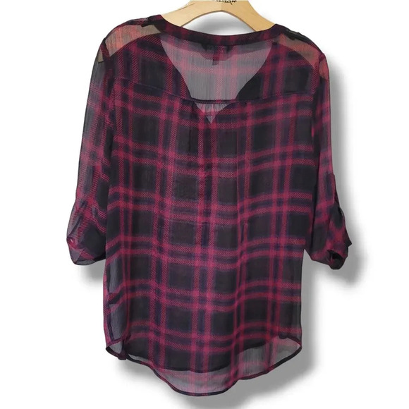 Express women's Burgundy plaid roll up sleeves semi-sheer Blouse  - small - Picture 2 of 8